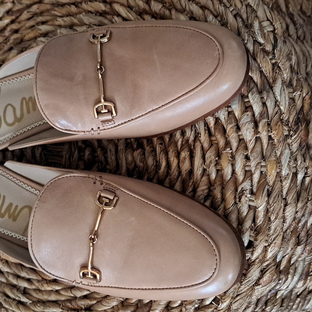 Sam Edelman Womens Linnie Sand Tan Leather Mules Gold Metal Cross Bit S-7 - Picture 9 of 9
